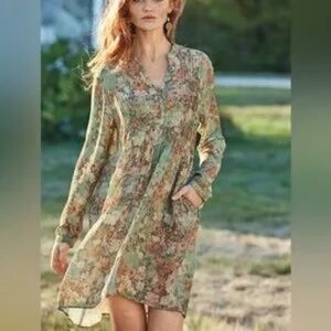 Peruvian Connection Rayon Wellfleet Chemise Green Floral Print Mini Dress Tunic